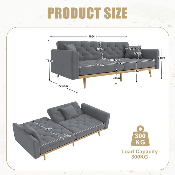 2-Seater Modern Sofa with 3-Position Adjustable Backres and Thick Foam Cushions, Sofa Bed for Compact Room, 165L x 72.5W x 75H cm, Grey Aosom UK