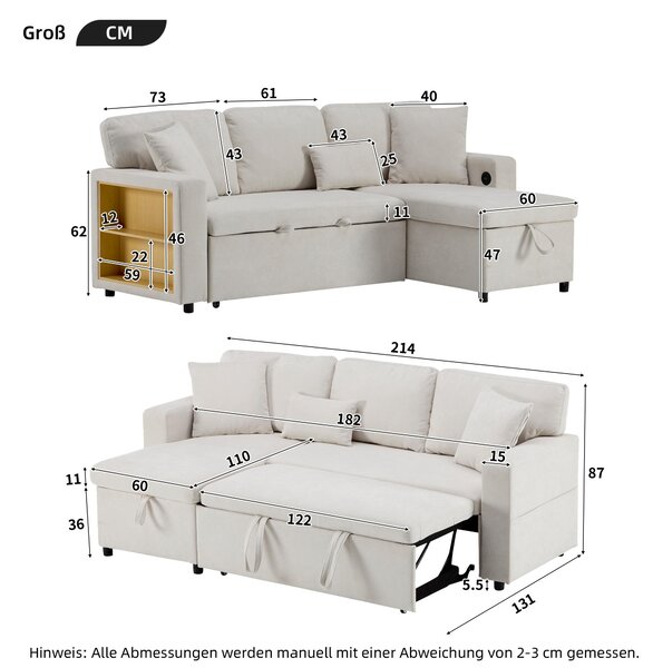 3 Seater Corner Sofa with Integrated Side Shelf and Built-in USB, Modular Sofa with Footstool and 3 Cushions, 214L x 131W x 87H cm, Beige Aosom UK