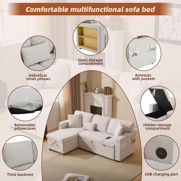 3 Seater Corner Sofa with Integrated Side Shelf and Built-in USB, Modular Sofa with Footstool and 3 Cushions, 214L x 131W x 87H cm, Beige Aosom UK