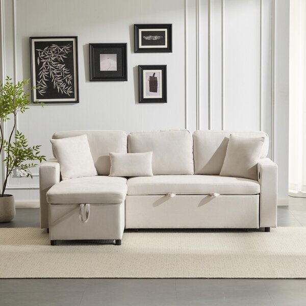 3 Seater Corner Sofa with Integrated Side Shelf and Built-in USB, Modular Sofa with Footstool and 3 Cushions, 214L x 131W x 87H cm, Beige Aosom UK