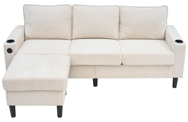 L-Shaped Corner Sofa with USB Charging Ports and Cup Holders, Modular Sofa with Storage Ottoman and Pockets, 202L x 137W x 80H cm, Beige Aosom UK