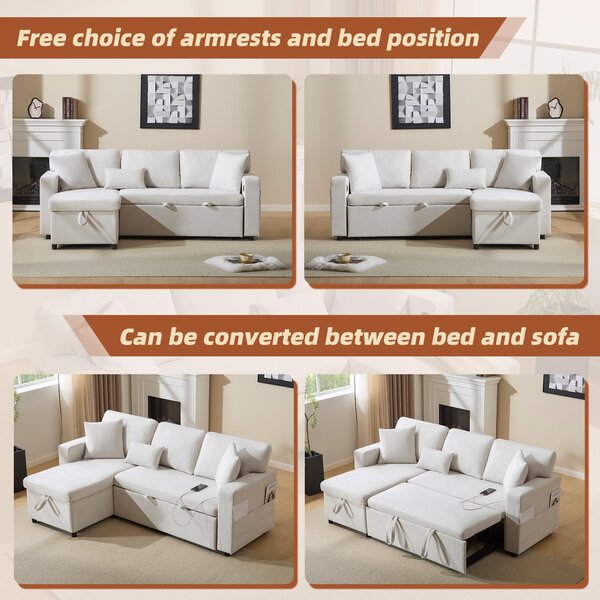 3 Seater Corner Sofa with Integrated Side Shelf and Built-in USB, Modular Sofa with Footstool and 3 Cushions, 214L x 131W x 87H cm, Beige Aosom UK