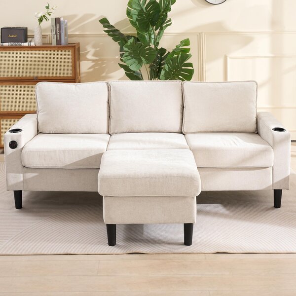 L-Shaped Corner Sofa with USB Charging Ports and Cup Holders, Modular Sofa with Storage Ottoman and Pockets, 202L x 137W x 80H cm, Beige Aosom UK
