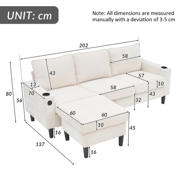 L-Shaped Corner Sofa with USB Charging Ports and Cup Holders, Modular Sofa with Storage Ottoman and Pockets, 202L x 137W x 80H cm, Beige Aosom UK