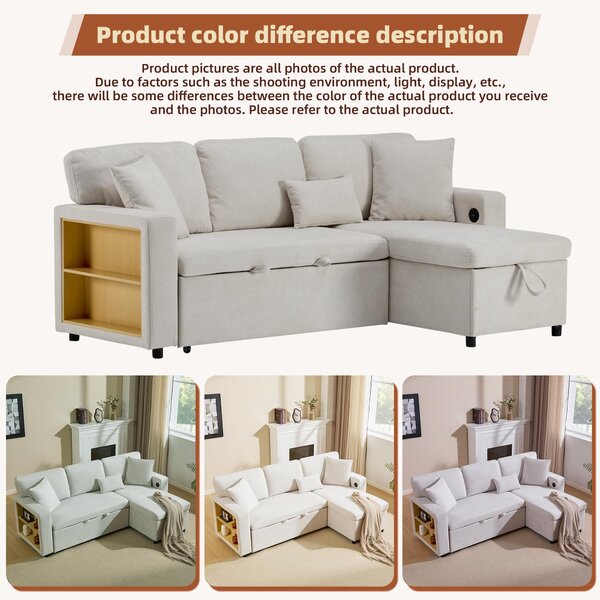 3 Seater Corner Sofa with Integrated Side Shelf and Built-in USB, Modular Sofa with Footstool and 3 Cushions, 214L x 131W x 87H cm, Beige Aosom UK