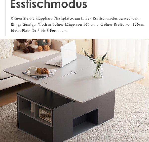 Lift-Top Coffee Table with 2 Push-to-Open Drawers and 3 Open CompartmentsStorage, Desk for Dining/Work/Relax, 100L x 51W x 47H cm, Grey Aosom UK