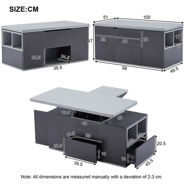 Lift-Top Coffee Table with 2 Push-to-Open Drawers and 3 Open CompartmentsStorage, Desk for Dining/Work/Relax, 100L x 51W x 47H cm, Grey Aosom UK