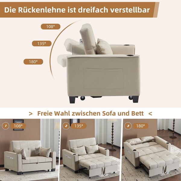 3-In-1 Convertible Pull-Out Sleeper with 3-Position Adjustable Backrest, 2 Seater Sofa Bed for Compact Room, 140L x 96W x 97H cm, Beige Aosom UK