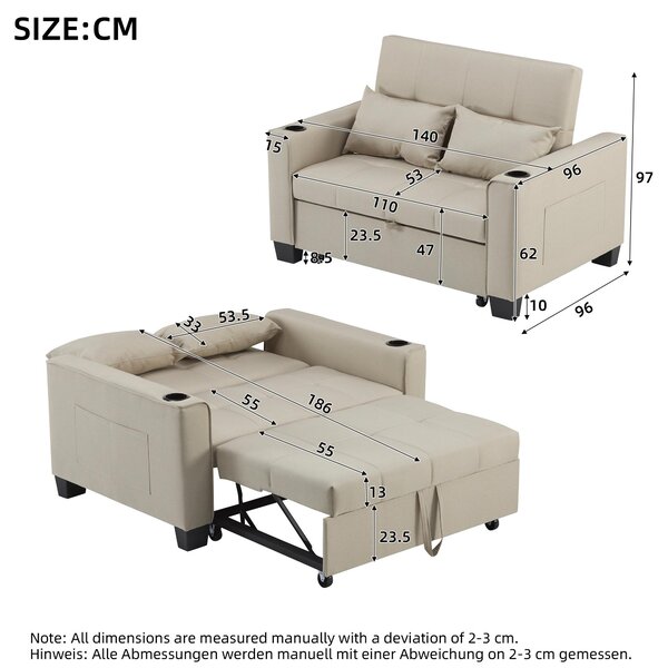 3-In-1 Convertible Pull-Out Sleeper with 3-Position Adjustable Backrest, 2 Seater Sofa Bed for Compact Room, 140L x 96W x 97H cm, Beige Aosom UK
