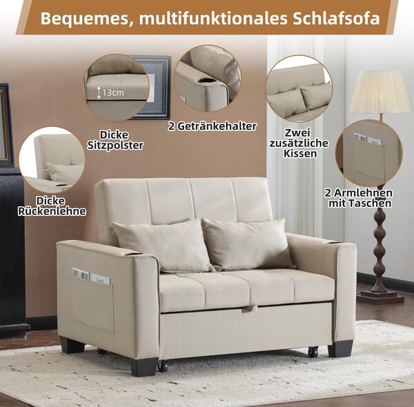 3-In-1 Convertible Pull-Out Sleeper with 3-Position Adjustable Backrest, 2 Seater Sofa Bed for Compact Room, 140L x 96W x 97H cm, Beige Aosom UK