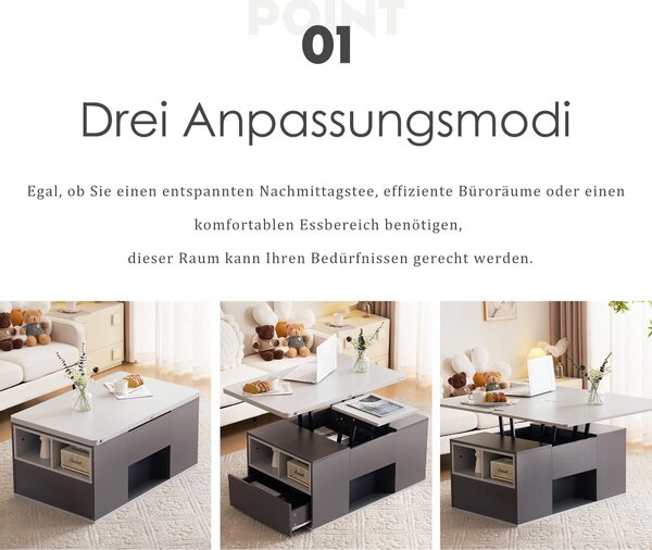 Lift-Top Coffee Table with 2 Push-to-Open Drawers and 3 Open CompartmentsStorage, Desk for Dining/Work/Relax, 100L x 51W x 47H cm, Grey Aosom UK