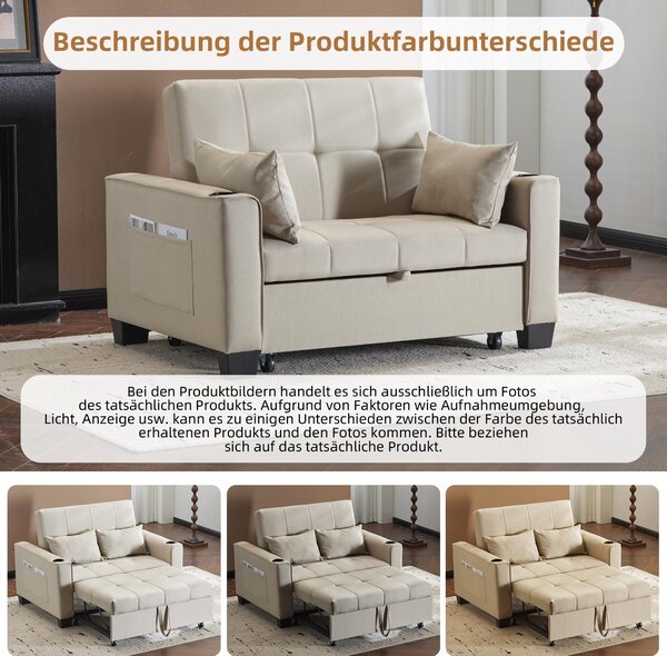 3-In-1 Convertible Pull-Out Sleeper with 3-Position Adjustable Backrest, 2 Seater Sofa Bed for Compact Room, 140L x 96W x 97H cm, Beige Aosom UK
