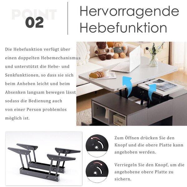 Lift-Top Coffee Table with 2 Push-to-Open Drawers and 3 Open CompartmentsStorage, Desk for Dining/Work/Relax, 100L x 51W x 47H cm, Grey Aosom UK