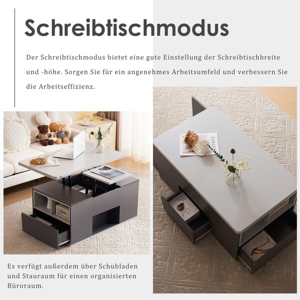 Lift-Top Coffee Table with 2 Push-to-Open Drawers and 3 Open CompartmentsStorage, Desk for Dining/Work/Relax, 100L x 51W x 47H cm, Grey Aosom UK