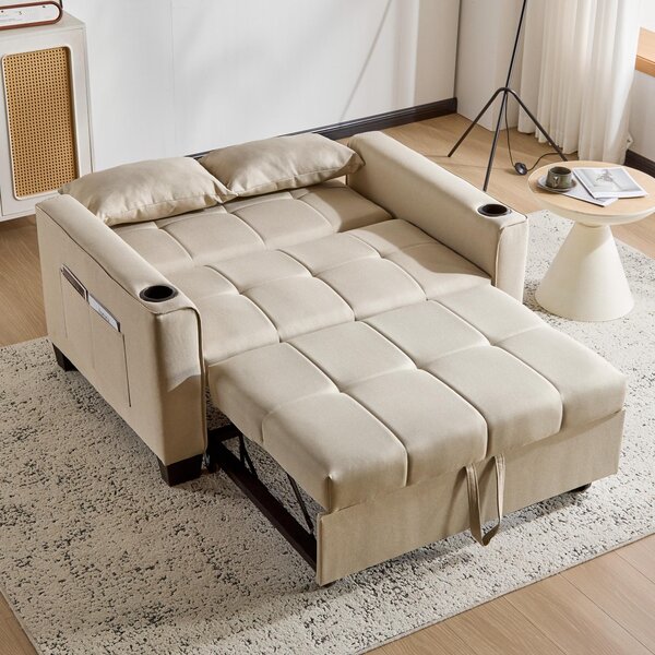 3-In-1 Convertible Pull-Out Sleeper with 3-Position Adjustable Backrest, 2 Seater Sofa Bed for Compact Room, 140L x 96W x 97H cm, Beige Aosom UK
