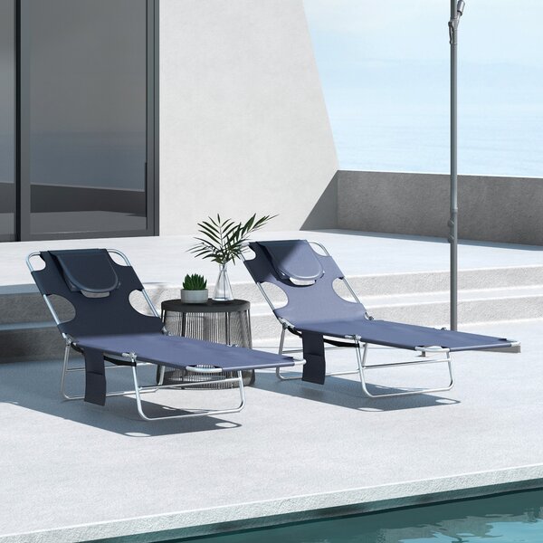 Outsunny Foldable Sun Lounger Set of 2 w/ Reading Hole, Portable Sun Lounger w/ 5 Level Backrest, Reclining Lounge Chair w/ Side Aosom UK