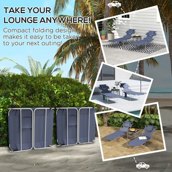 Outsunny Foldable Sun Lounger Set of 2 w/ Reading Hole, Portable Sun Lounger w/ 5 Level Backrest, Reclining Lounge Chair w/ Side Aosom UK