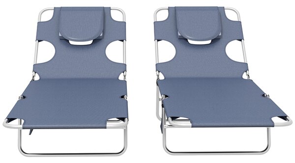 Outsunny Foldable Sun Lounger Set of 2 w/ Reading Hole, Portable Sun Lounger w/ 5 Level Backrest, Reclining Lounge Chair w/ Side Aosom UK