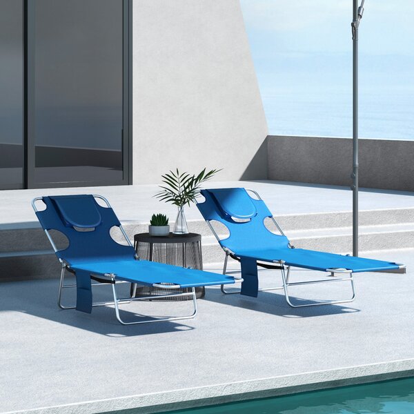 Outsunny Foldable Sun Lounger Set of 2 with Reading Hole, Portable Sun Lounger with 5 Level Adjustable Backrest, Reclining Lounge Chair Aosom UK
