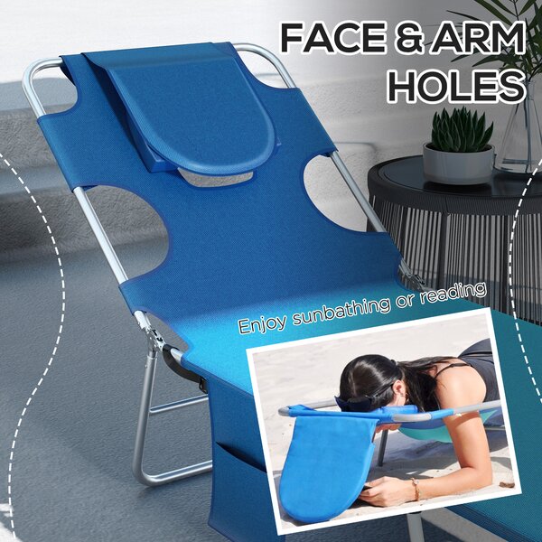 Outsunny Foldable Sun Lounger Set of 2 with Reading Hole, Portable Sun Lounger with 5 Level Adjustable Backrest, Reclining Lounge Chair Aosom UK