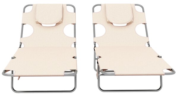 Outsunny Foldable Sun Lounger Set of 2, Beach Chaise Lounges w/ Reading Hole, Arm Slots, 5-Position Adjustable Backrest, Side Pocket Aosom UK
