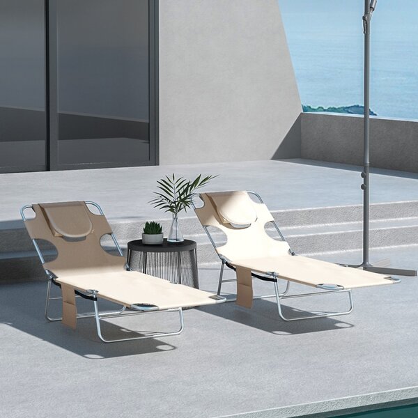 Outsunny Foldable Sun Lounger Set of 2, Beach Chaise Lounges w/ Reading Hole, Arm Slots, 5-Position Adjustable Backrest, Side Pocket Aosom UK