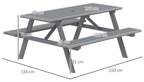 Outsunny 4 Seater Wooden Picnic Table Bench for Outdoor Garden or Patio with Parasol Cutout 150 cm Grey