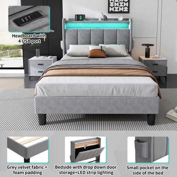 Double Velvet Upholstered Ottoman Bed with LED Light, 4 USB Ports, Lower Flap Door Storage and Soft Backrest, 204L x 96W x 107H cm, Gray Aosom.UK
