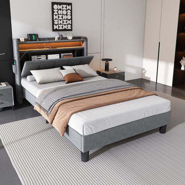 Double Velvet Upholstered Ottoman Bed with LED Light, 4 USB Ports, Lower Flap Door Storage and Soft Backrest, 204L x 96W x 107H cm, Gray Aosom.UK