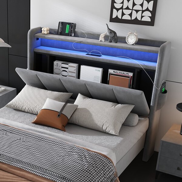 Double Velvet Upholstered Ottoman Bed with LED Light, 4 USB Ports, Lower Flap Door Storage and Soft Backrest, 204L x 96W x 107H cm, Gray Aosom.UK
