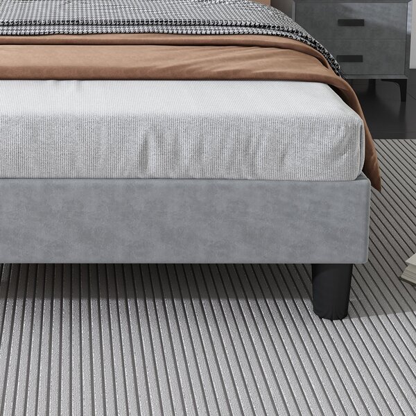Double Velvet Upholstered Ottoman Bed with LED Light, 4 USB Ports, Lower Flap Door Storage and Soft Backrest, 204L x 96W x 107H cm, Gray Aosom.UK