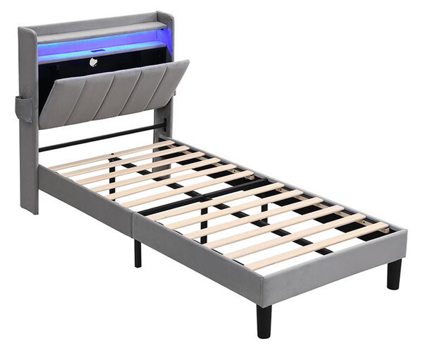 Double Velvet Upholstered Ottoman Bed with LED Light, 4 USB Ports, Lower Flap Door Storage and Soft Backrest, 204L x 96W x 107H cm, Gray Aosom.UK