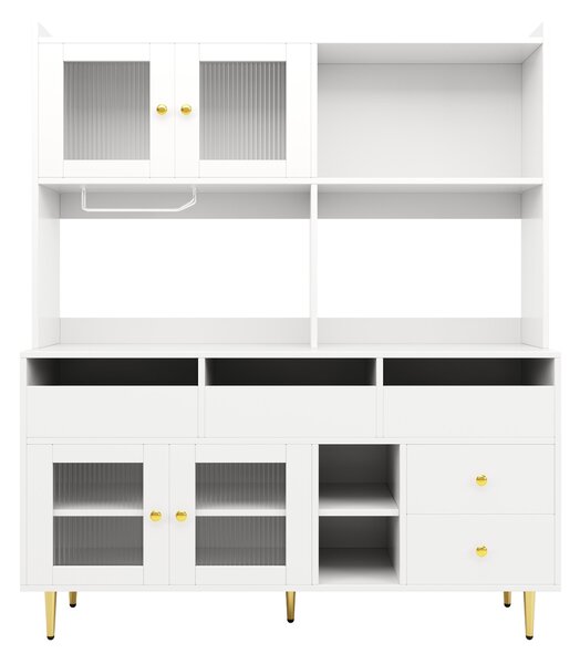Multi-Purpose Storage Cabinet with Glass Door, Wine Glass Holder, Metal Handles, Multi-Layered Storage Unit, 145L x 39W x 171H cm, White Aosom UK
