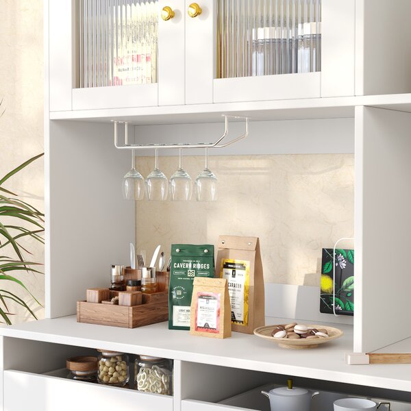 Multi-Purpose Storage Cabinet with Glass Door, Wine Glass Holder, Metal Handles, Multi-Layered Storage Unit, 145L x 39W x 171H cm, White Aosom UK