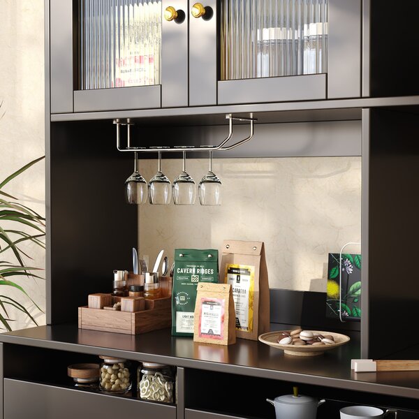 Multi-Layered Storage Cabinet with Glass Doors, Wine Glass Holder, Versatile Storage Unit with Raised Design, 145L x 39W x 171H cm, Black Aosom UK