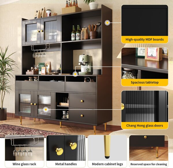 Multi-Layered Storage Cabinet with Glass Doors, Wine Glass Holder, Versatile Storage Unit with Raised Design, 145L x 39W x 171H cm, Black Aosom UK