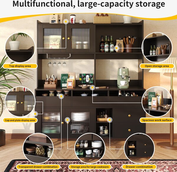 Multi-Layered Storage Cabinet with Glass Doors, Wine Glass Holder, Versatile Storage Unit with Raised Design, 145L x 39W x 171H cm, Black Aosom UK