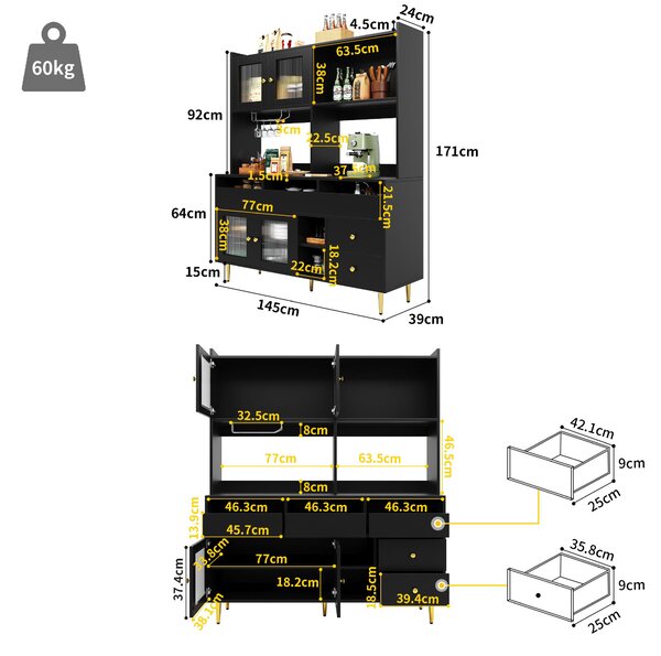 Multi-Layered Storage Cabinet with Glass Doors, Wine Glass Holder, Versatile Storage Unit with Raised Design, 145L x 39W x 171H cm, Black Aosom UK