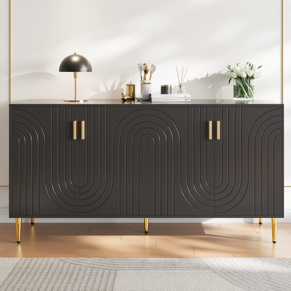 Modern Sideboard with Gold Handles & Feet, Easy-Clean Storage Cabinet for Dining/Living Room, 152x40x75 cm, Black Aosom UK