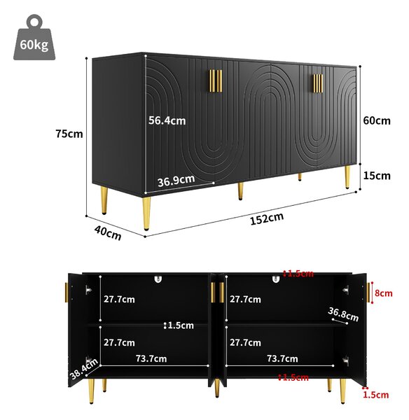 Modern Sideboard with Gold Handles & Feet, Easy-Clean Storage Cabinet for Dining/Living Room, 152x40x75 cm, Black Aosom UK