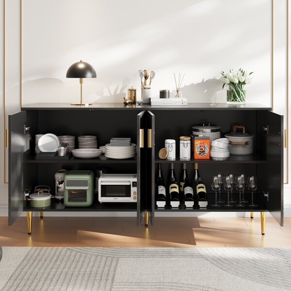 Modern Sideboard with Gold Handles & Feet, Easy-Clean Storage Cabinet for Dining/Living Room, 152x40x75 cm, Black Aosom UK