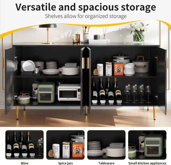 Modern Sideboard with Gold Handles & Feet, Easy-Clean Storage Cabinet for Dining/Living Room, 152x40x75 cm, Black Aosom UK