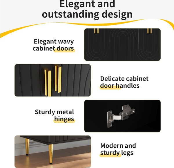Modern Sideboard with Gold Handles & Feet, Easy-Clean Storage Cabinet for Dining/Living Room, 152x40x75 cm, Black Aosom UK