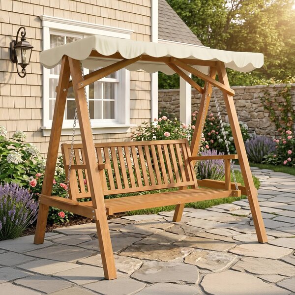 Outsunny 2 Seater Garden Swing Seat Wooden Swing Chair Outdoor Hammock Bench Furniture, Cream White