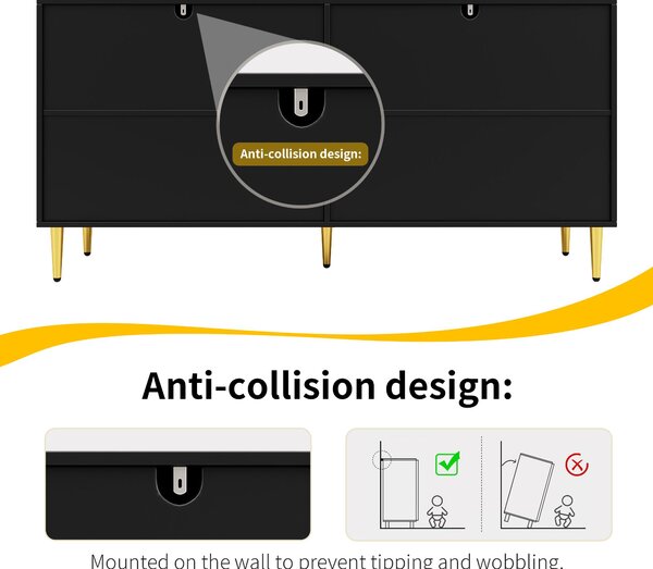 Modern Sideboard with Gold Handles & Feet, Easy-Clean Storage Cabinet for Dining/Living Room, 152x40x75 cm, Black Aosom UK