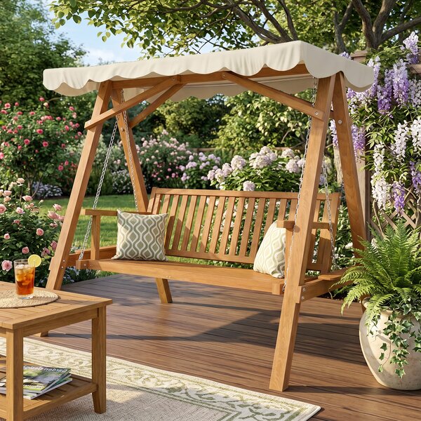 Outsunny 2 Seater Garden Swing Seat Wooden Swing Chair Outdoor Hammock Bench Furniture, Cream White