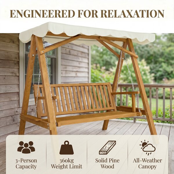 Outsunny Waterproof 3 Seater Wooden Garden Swing Seat Swing Chair Outdoor Hammock Bench Furniture, Cream White Aosom UK