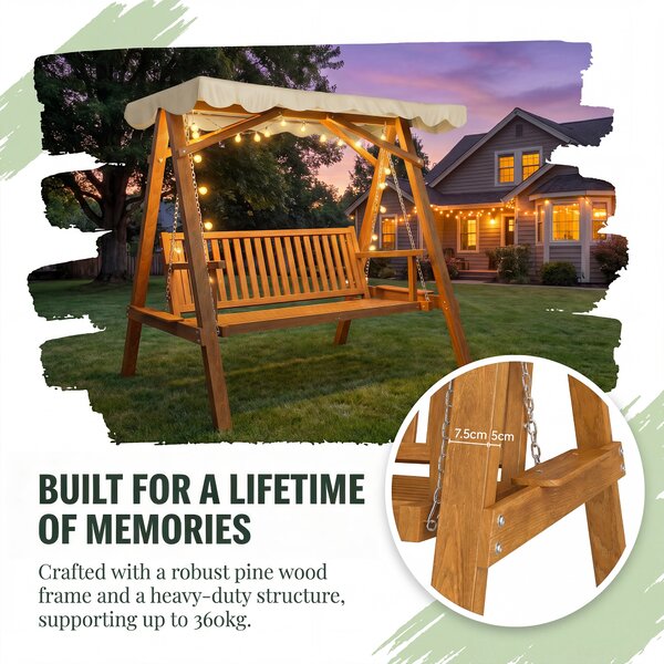 Outsunny 2 Seater Garden Swing Seat Wooden Swing Chair Outdoor Hammock Bench Furniture, Cream White