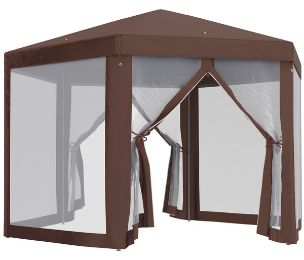 Outsunny Hexagonal Garden Gazebo Patio Party Outdoor Canopy Tent Sun Shelter with Mosquito Netting and Zipped Door, Brown