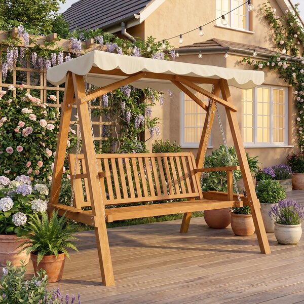 Outsunny Waterproof 3 Seater Wooden Garden Swing Seat Swing Chair Outdoor Hammock Bench Furniture, Cream White Aosom UK